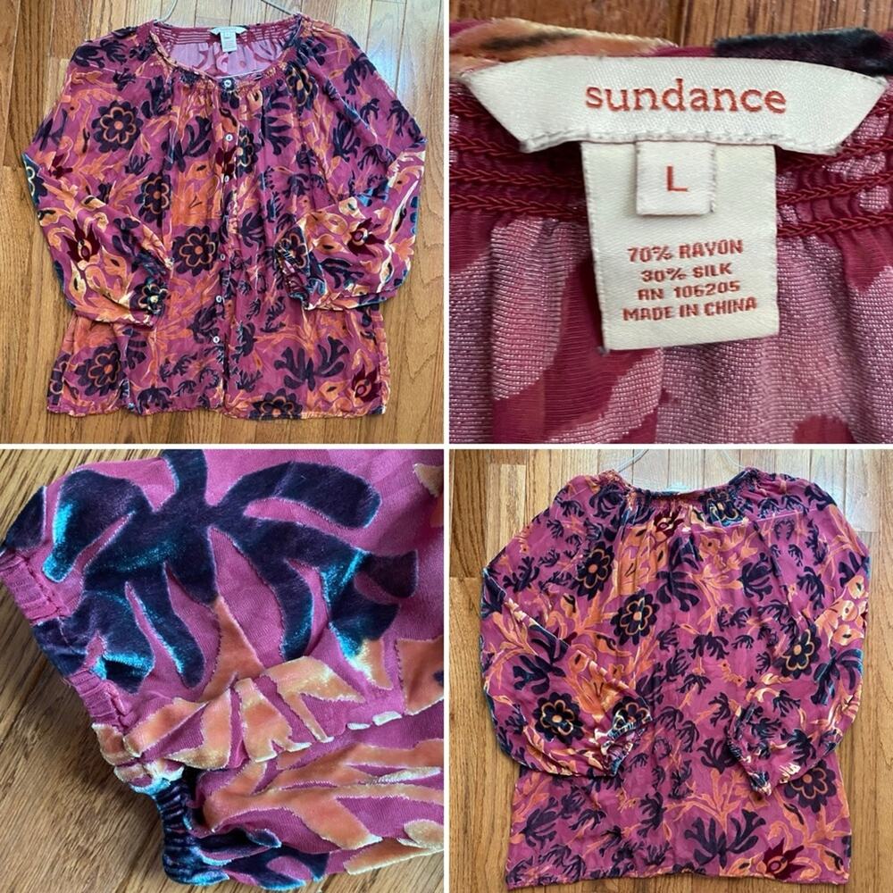 Sundance Reina Burnout Floral Silk Floral Blouse LG EUC